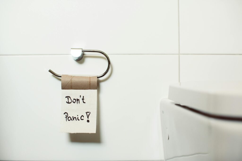 a toilet paper on a holder with a caption Don't Panic