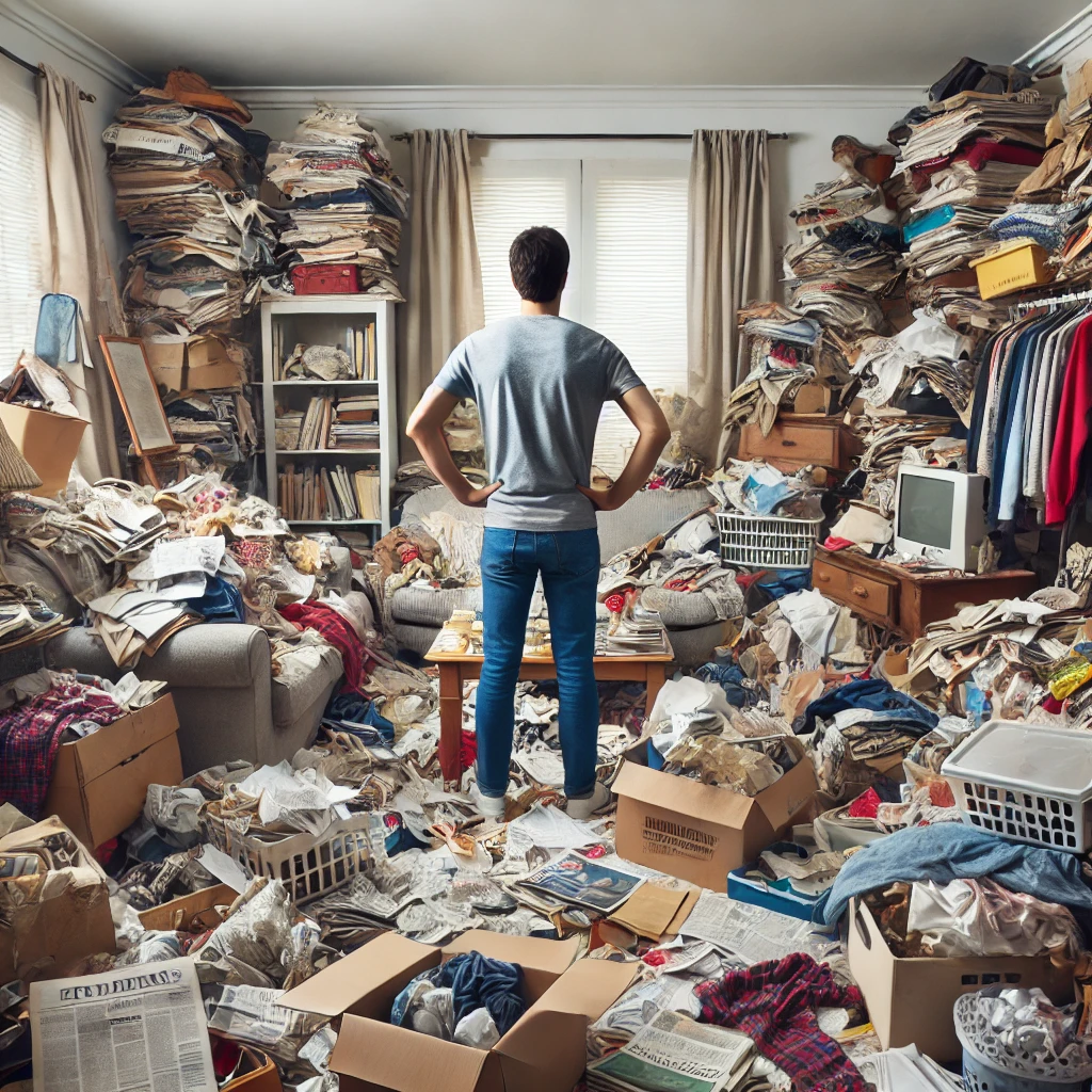 A cluttered room filled with newspapers, clothes, and objects, showing the overwhelming struggles of hoarding disorder.