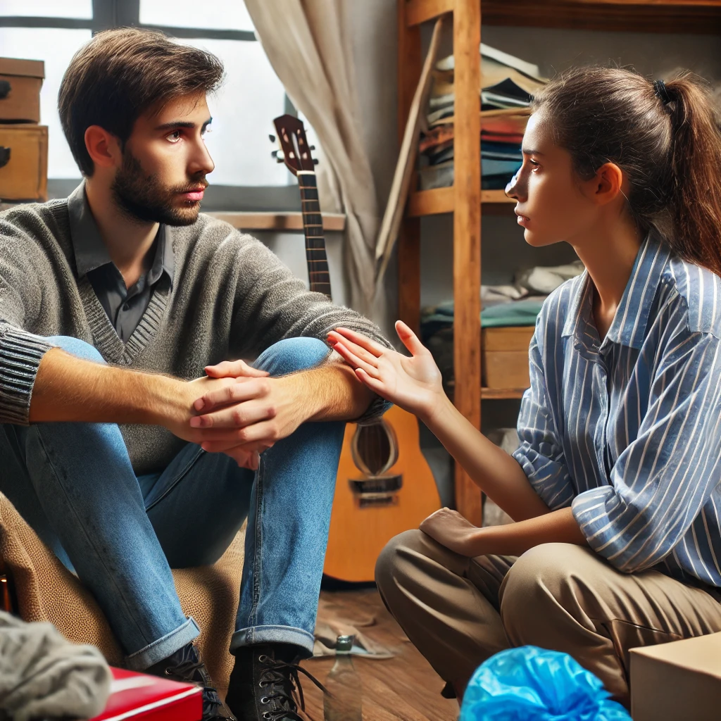 A supportive friend sitting next to a hoarder in a cluttered room, having a calm and understanding conversation.