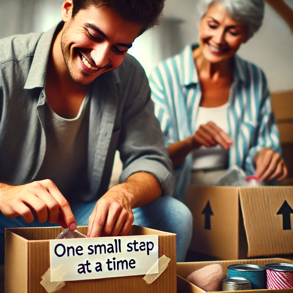 A person sorting through a small box of items with a friend, showing how small decluttering steps make a difference.