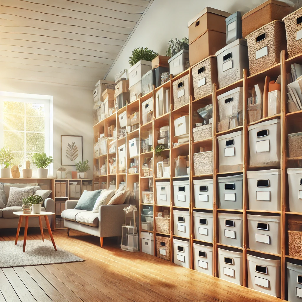 A bright and organized home with labeled storage bins, symbolizing the benefits of long-term decluttering habits.