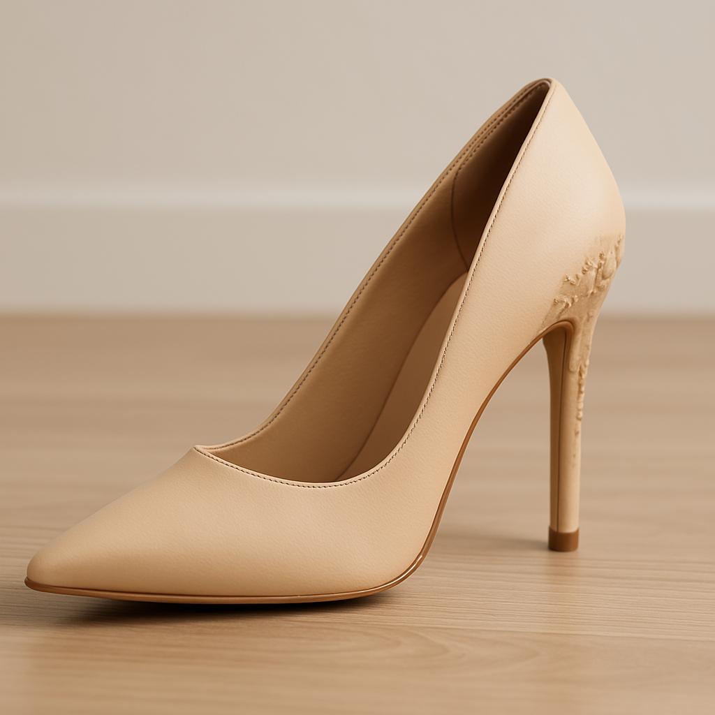 A chewed heel of a stiletto due to dog behavior issues.