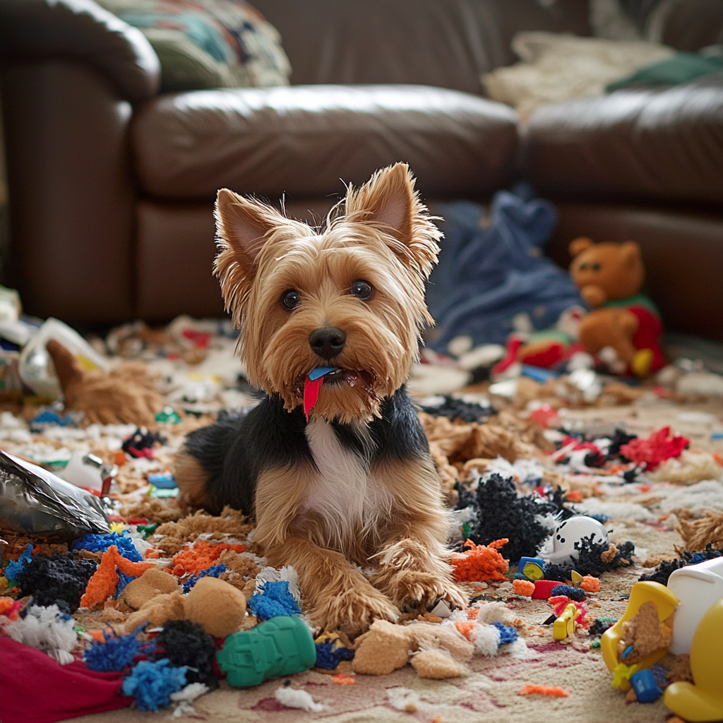 A 9 month old yorkshire terrier creating chaos about chewing everything due to dog behavior issues.
