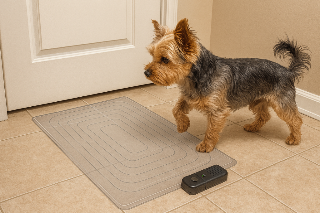 A dog walking through training mat and deciding not to at last. Dog behavior issues can be taught.