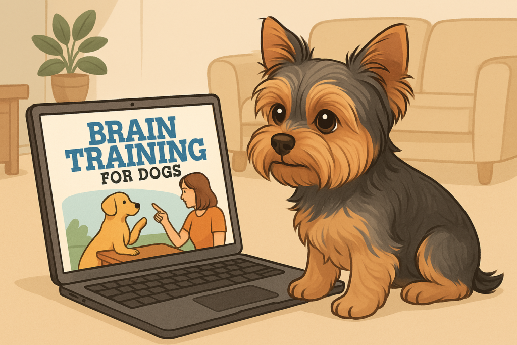An image representing a dog watching at a screen saying Brain Training for Dogs, trying to decide how to deal with its dog behavior issues.