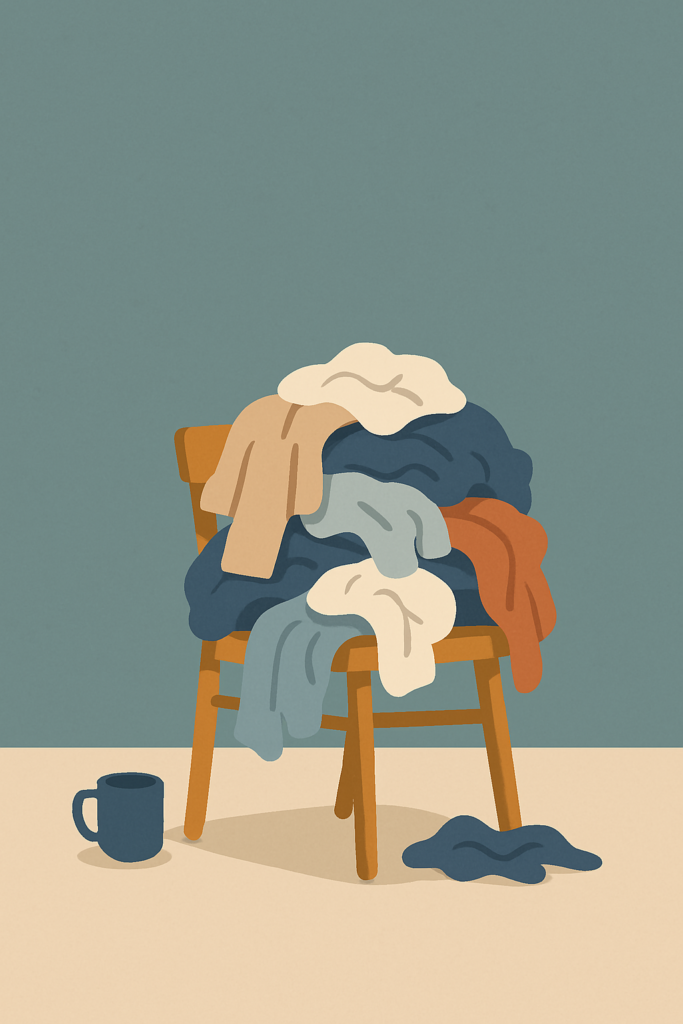 A wooden laundry chair piled high with clothes in a cozy, minimalistic room—illustrating the hidden emotional and visual cost of the laundry chair.