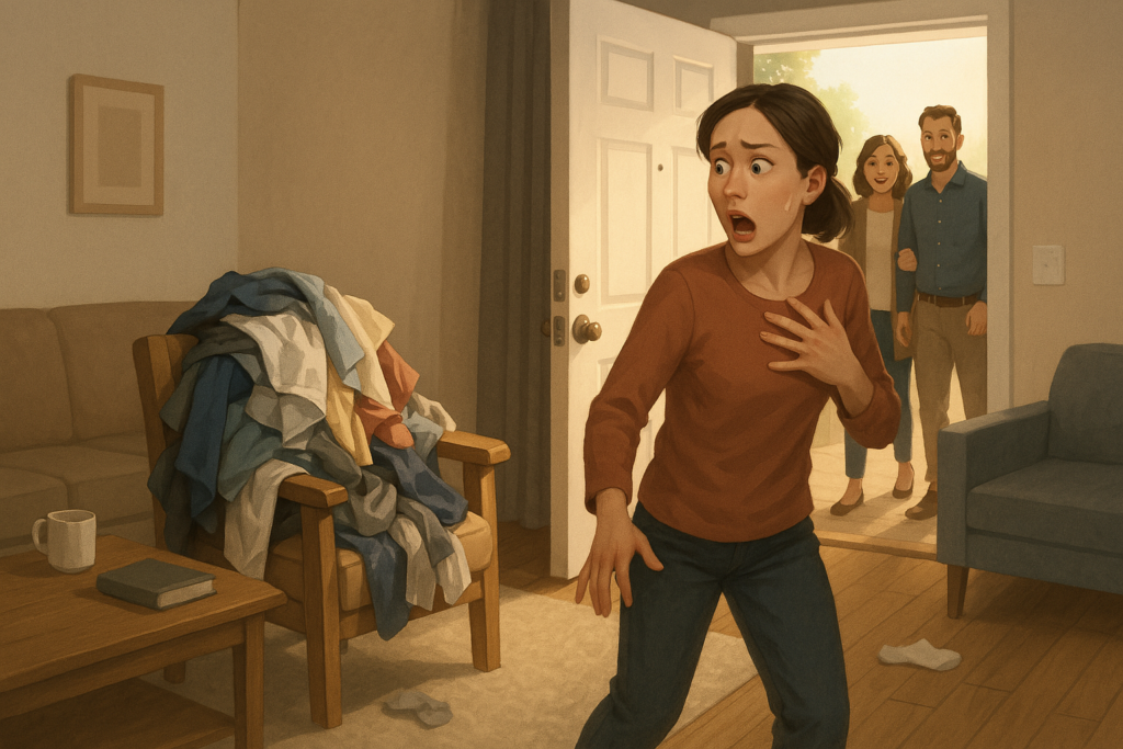 A semi-realistic digital illustration of a panicked woman in a cluttered living room, standing near an overflowing laundry chair, as three unexpected guests appear at her open front door.