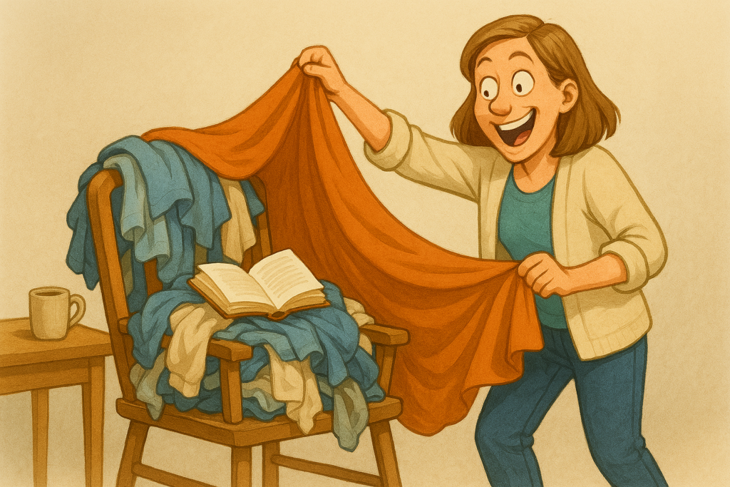 A semi-realistic, humorous digital illustration of a smiling woman transforming a messy laundry pile on a chair into a cozy reading nook by draping a warm orange blanket over it, with a book playfully peeking out from the clothes in a sunlit living room.