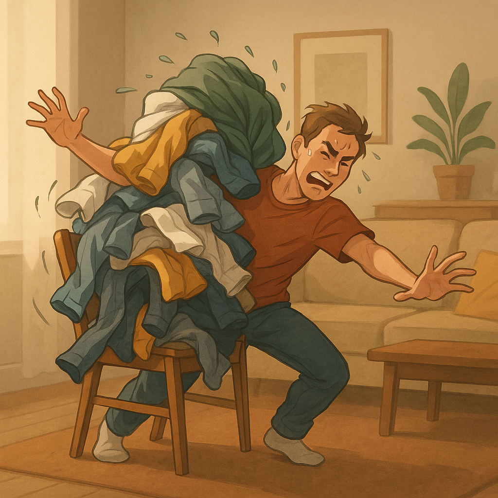 A semi-realistic digital illustration of a frustrated young man overwhelmed by a mountain of laundry spilling off a wooden chair in a cozy, sunlit living room, capturing the humorous chaos of the laundry chair striking back.