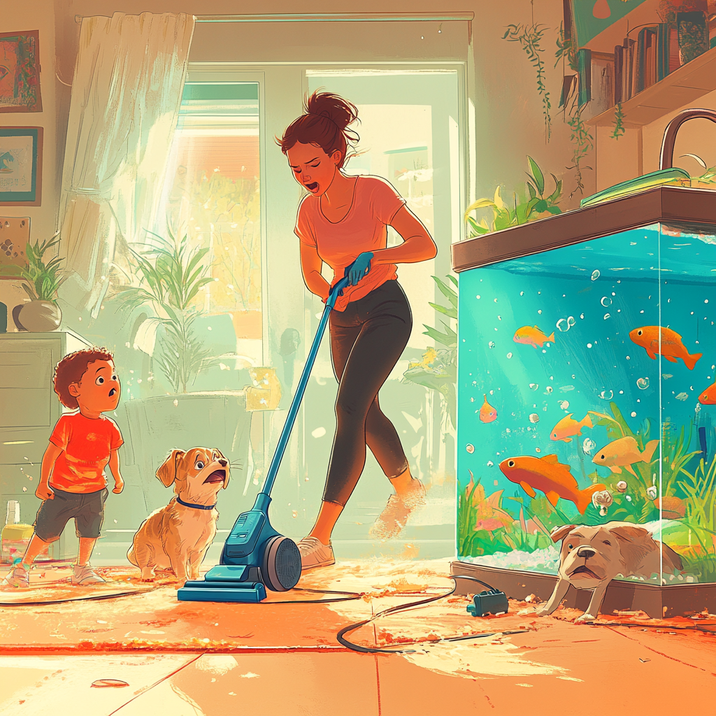 Cartoon-style illustration of a determined woman vacuuming energetically while a toddler, a small dog, and a tank of confused goldfish look on in shock. Bright, cozy living room filled with playful chaos. Fun, vibrant, exaggerated style.