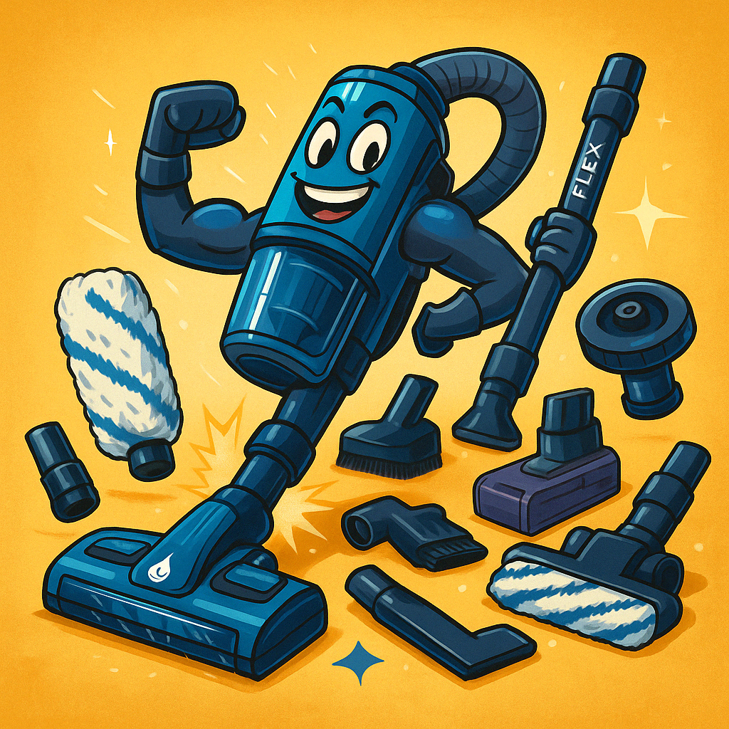 Funny cartoon of a blue cordless vacuum cleaner with accessories displayed like superhero gear, vibrant and colorful.