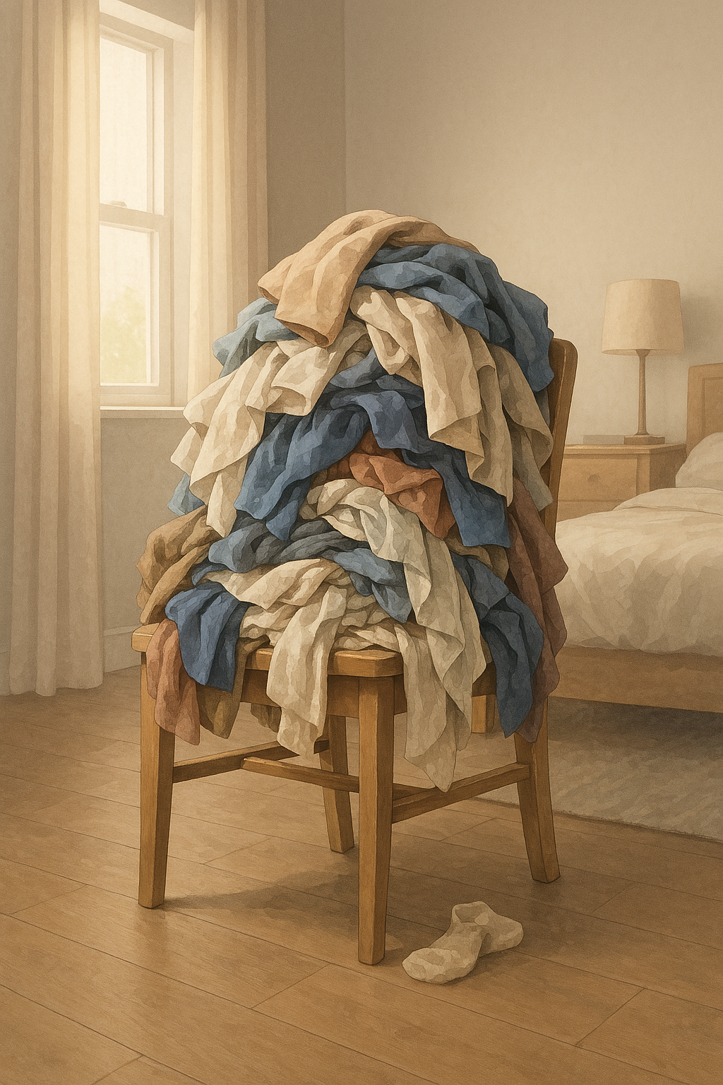 A semi-realistic digital illustration of a cozy bedroom corner with a wooden chair overflowing with clothes, set beside a rumpled bed and sunlit window.