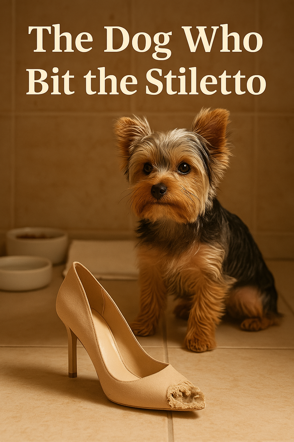 A dog sitting next to a chewed stiletto looking guilty. The dog obviously has dog behavior issues.